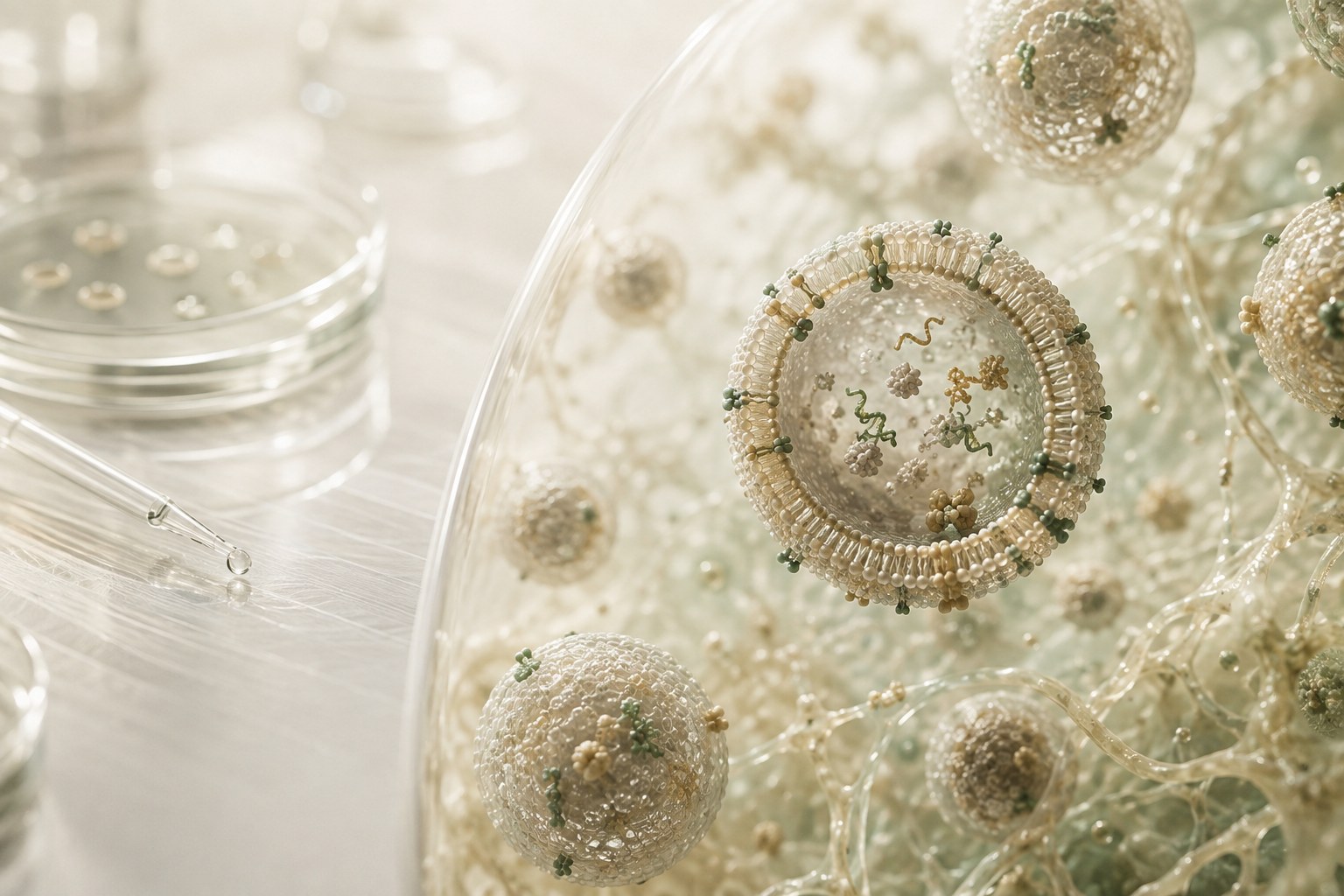 Microscopic editorial illustration of extracellular vesicles moving between cells