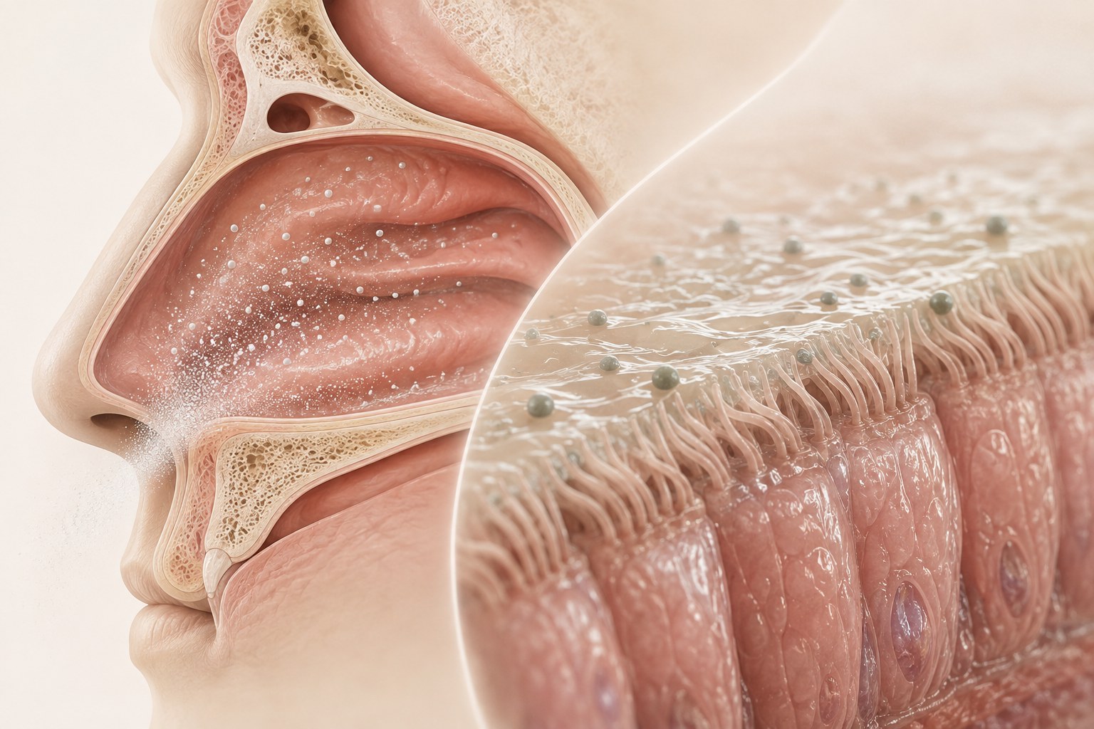 Microscopic editorial illustration of nasal epithelium, formulation droplets, and nearby tissue