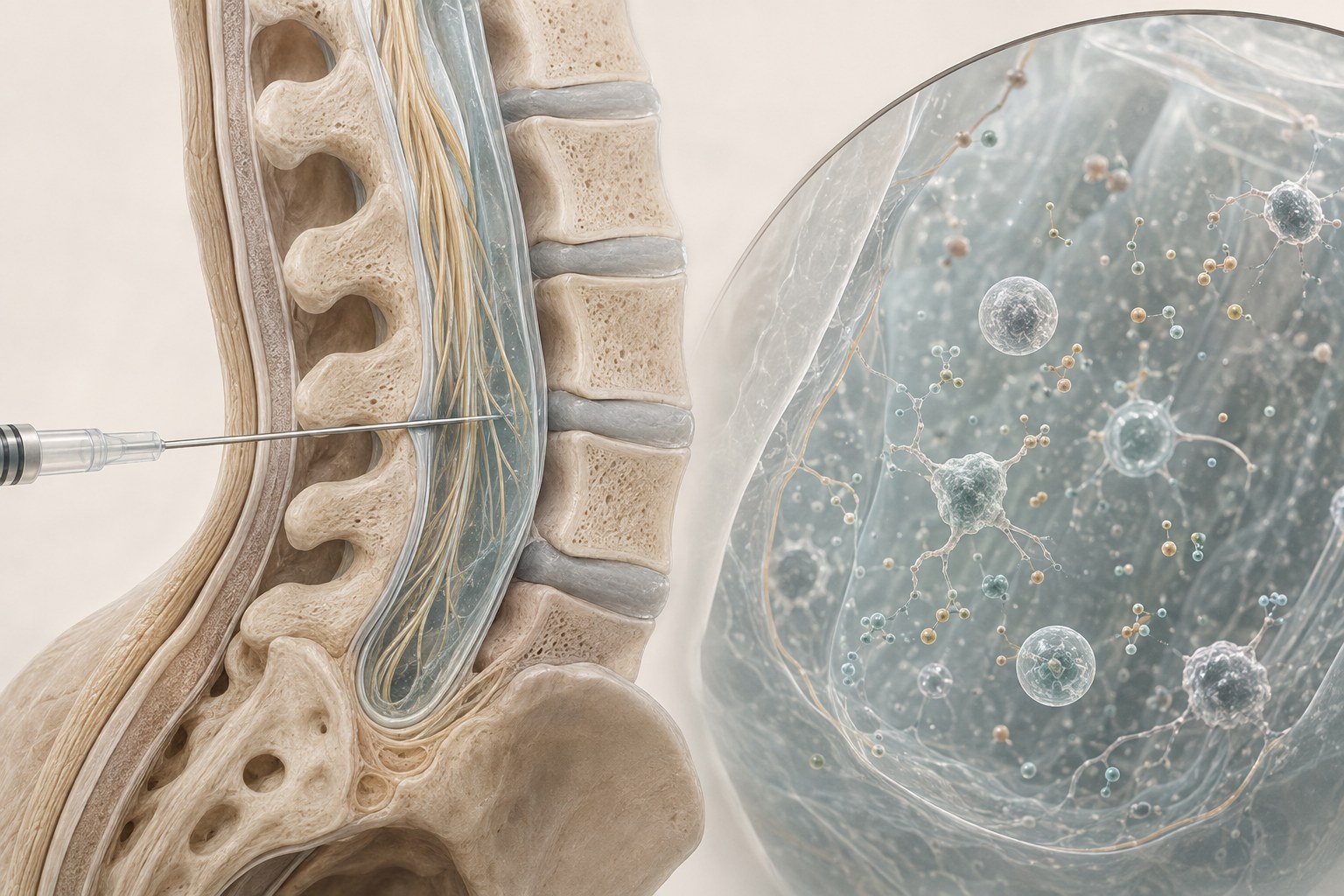 Microscopic editorial illustration of the cerebrospinal-fluid space and nearby neural tissue