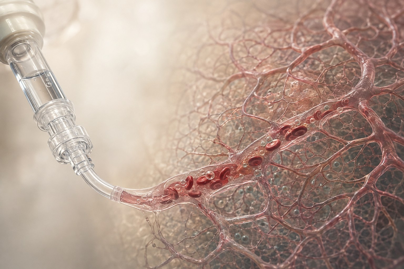 Microscopic editorial illustration of cells within a blood vessel and systemic circulation context