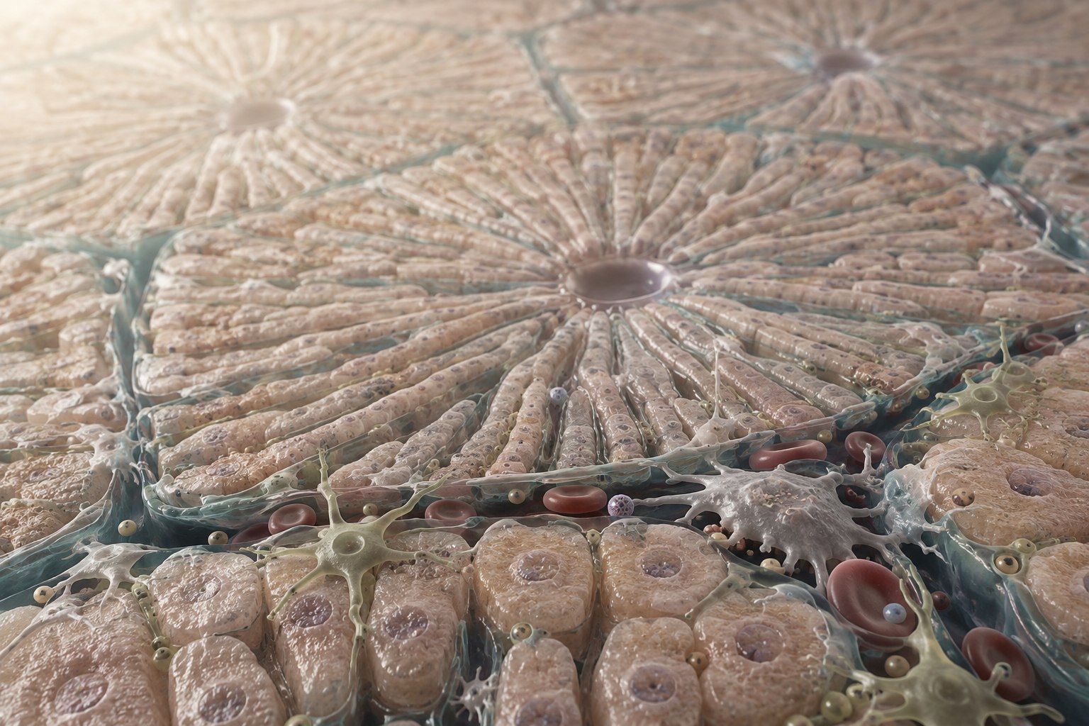 Microscopic editorial illustration of hepatocytes, liver sinusoids, and tissue structure