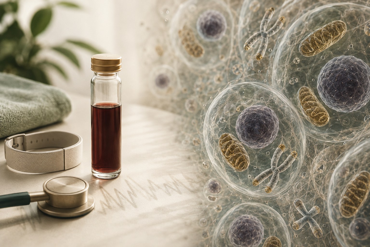 Microscopic editorial illustration of vascular, metabolic, muscle, and cellular aging research contexts