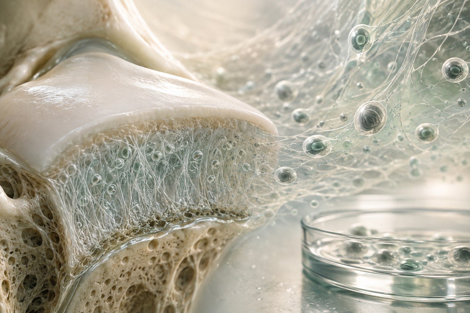 Microscopic editorial illustration of cartilage, connective tissue matrix, and cell research
