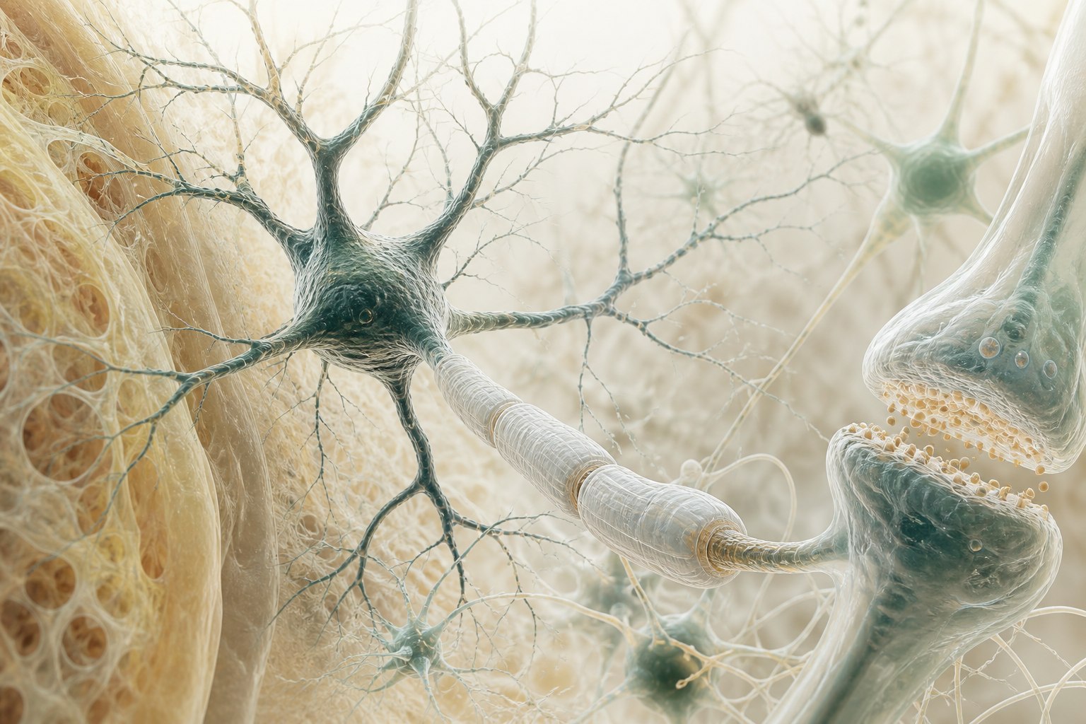 Microscopic editorial illustration of neurons, supporting glial cells, and connected signaling pathways