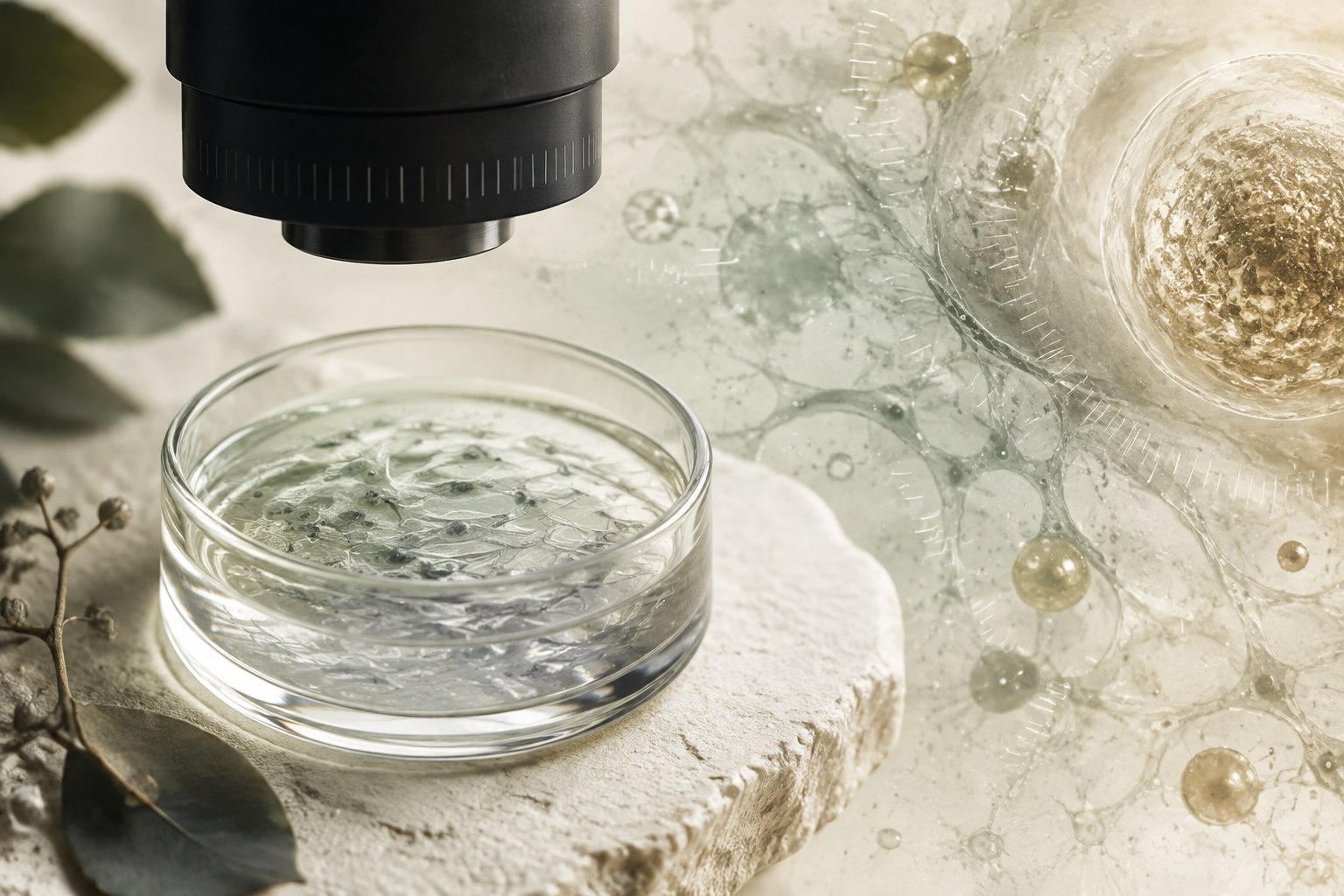 Microscopic editorial illustration of cells, tissue structure, and biological signaling