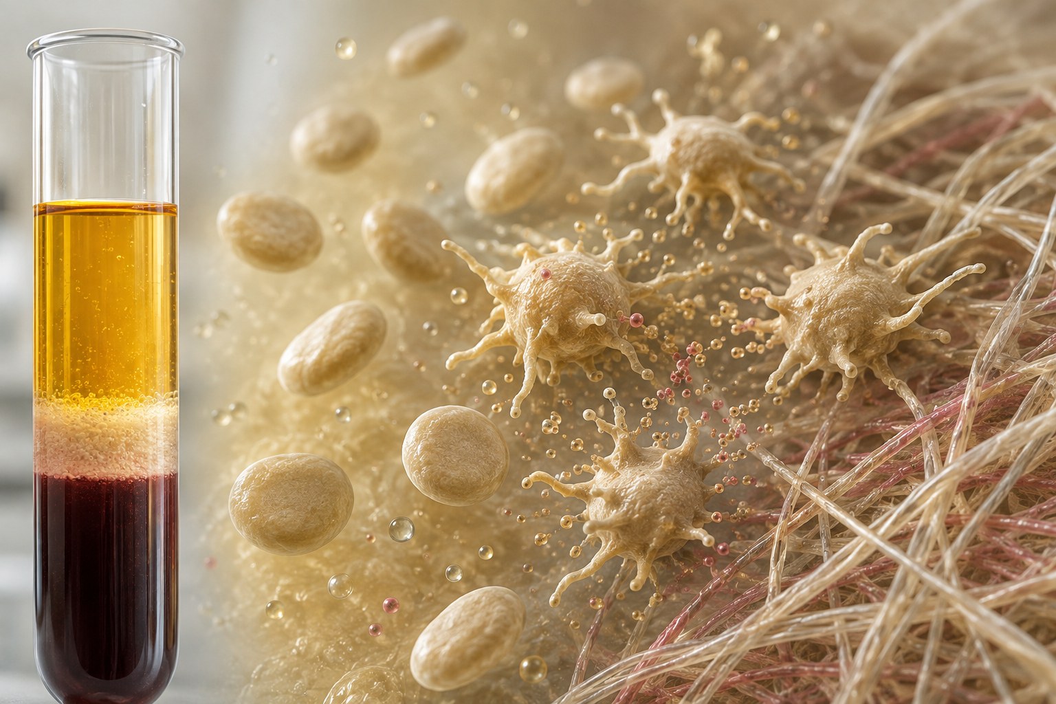 Microscopic editorial illustration of platelets, plasma, fibrin, and local tissue context
