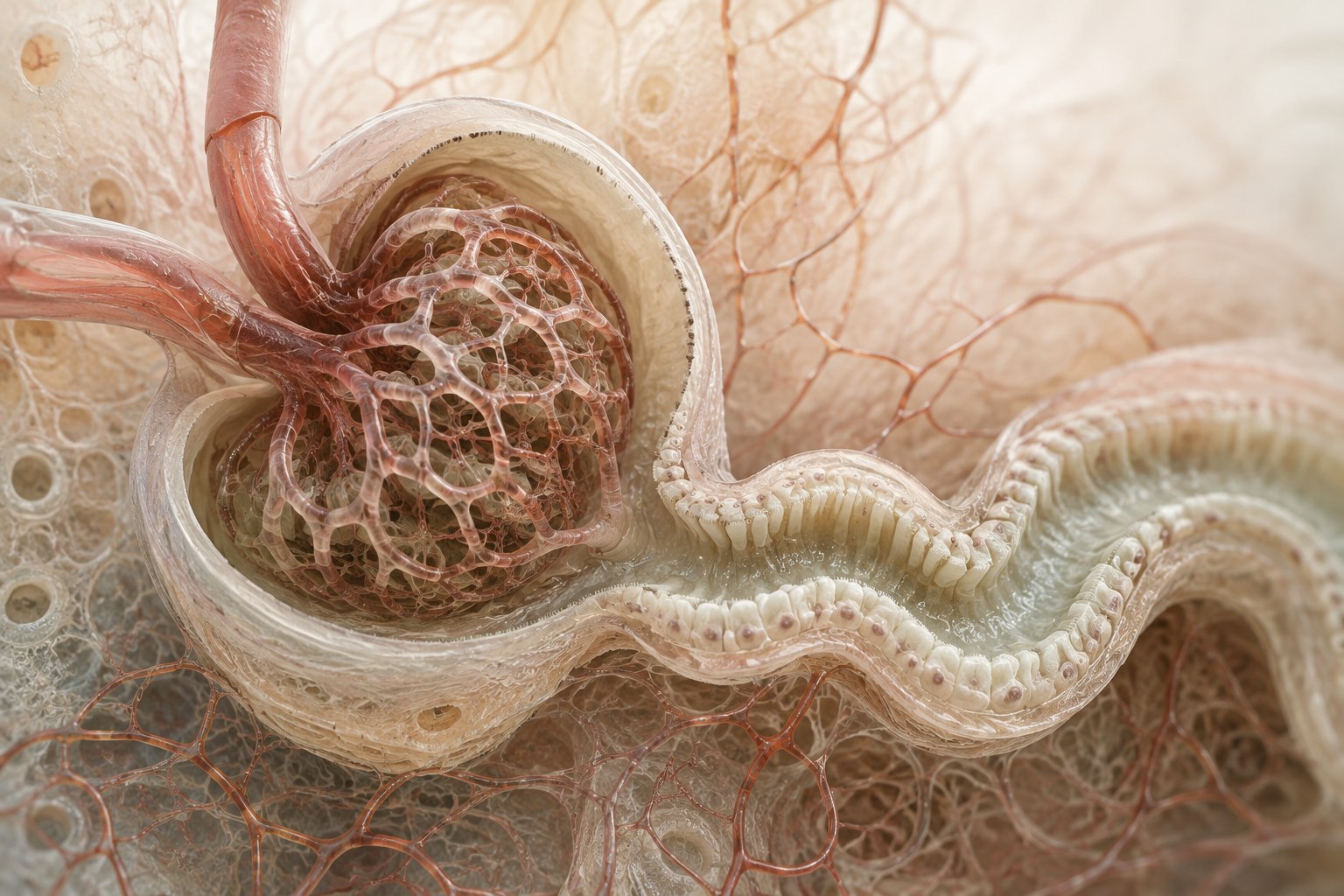Microscopic editorial illustration of a nephron, tubular cells, and surrounding capillaries