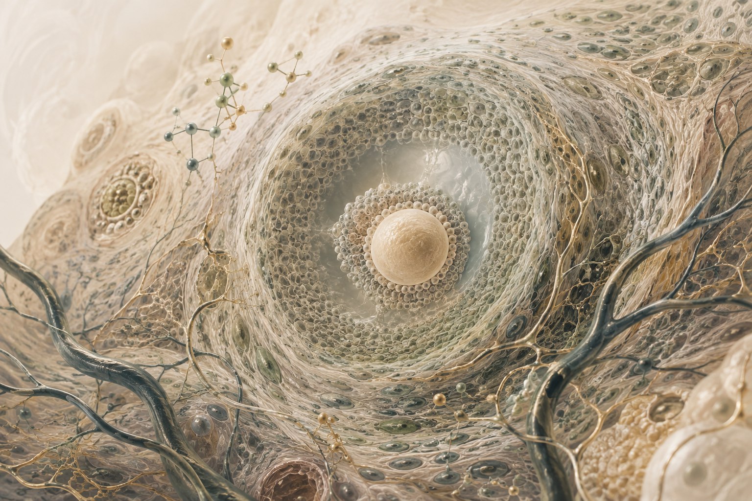 Microscopic editorial illustration of ovarian follicles, surrounding tissue, and blood vessels