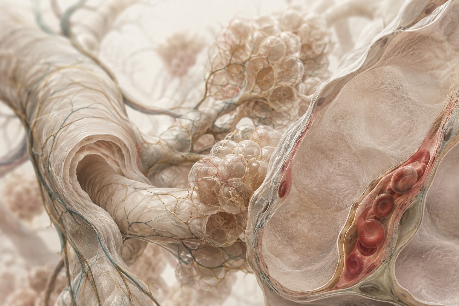 Microscopic editorial illustration of the alveolar and capillary interface in lung tissue