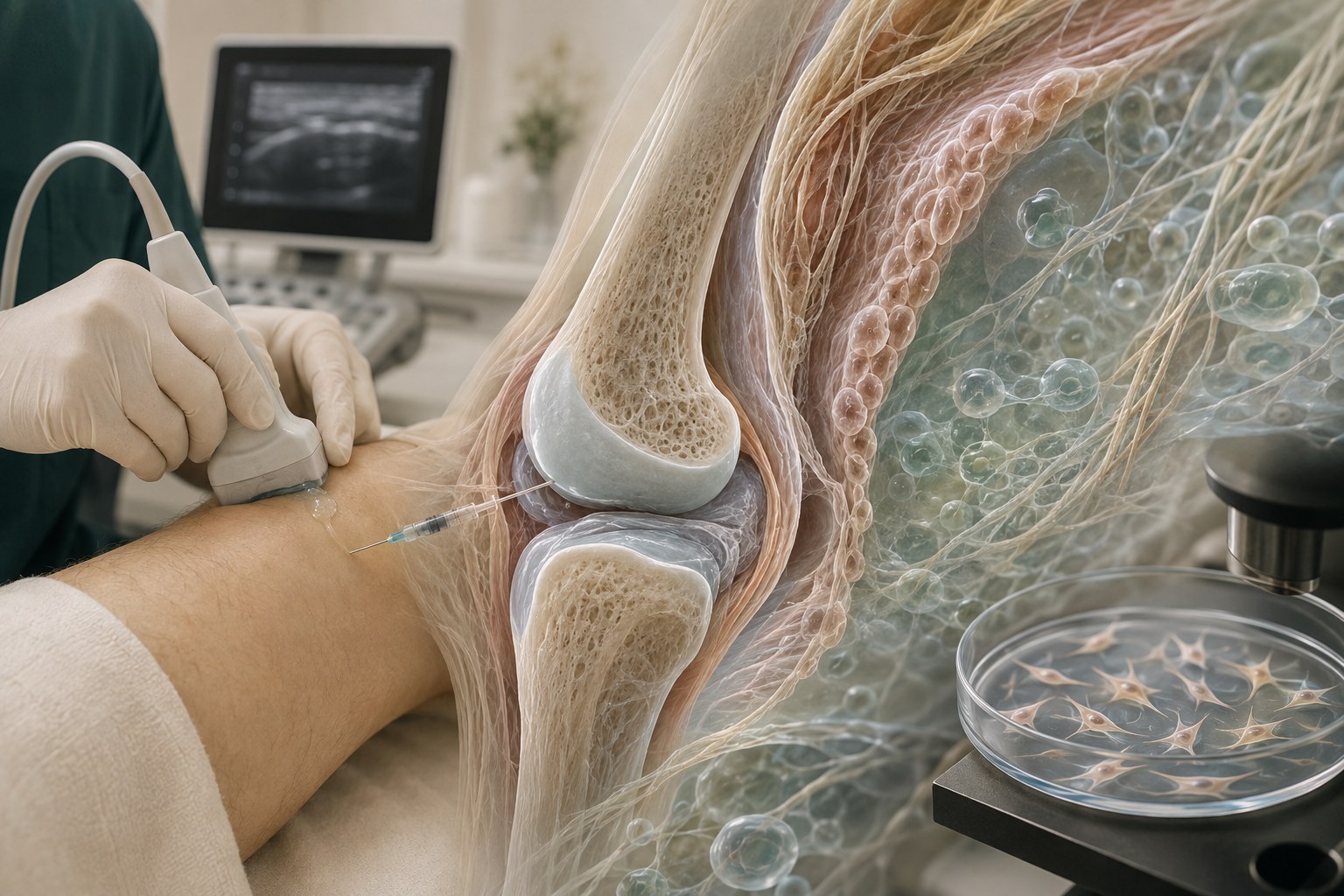 Microscopic editorial illustration of connective tissue matrix, local cells, and research signaling