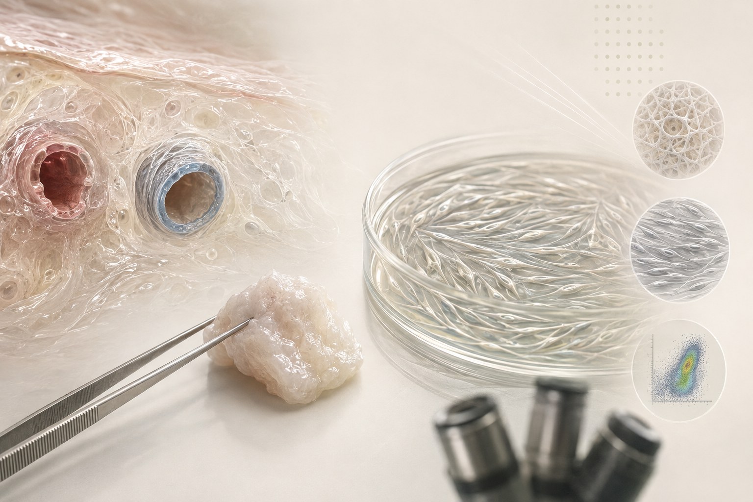 Microscopic editorial illustration of mesenchymal stromal cells, culture documentation, and release-testing context