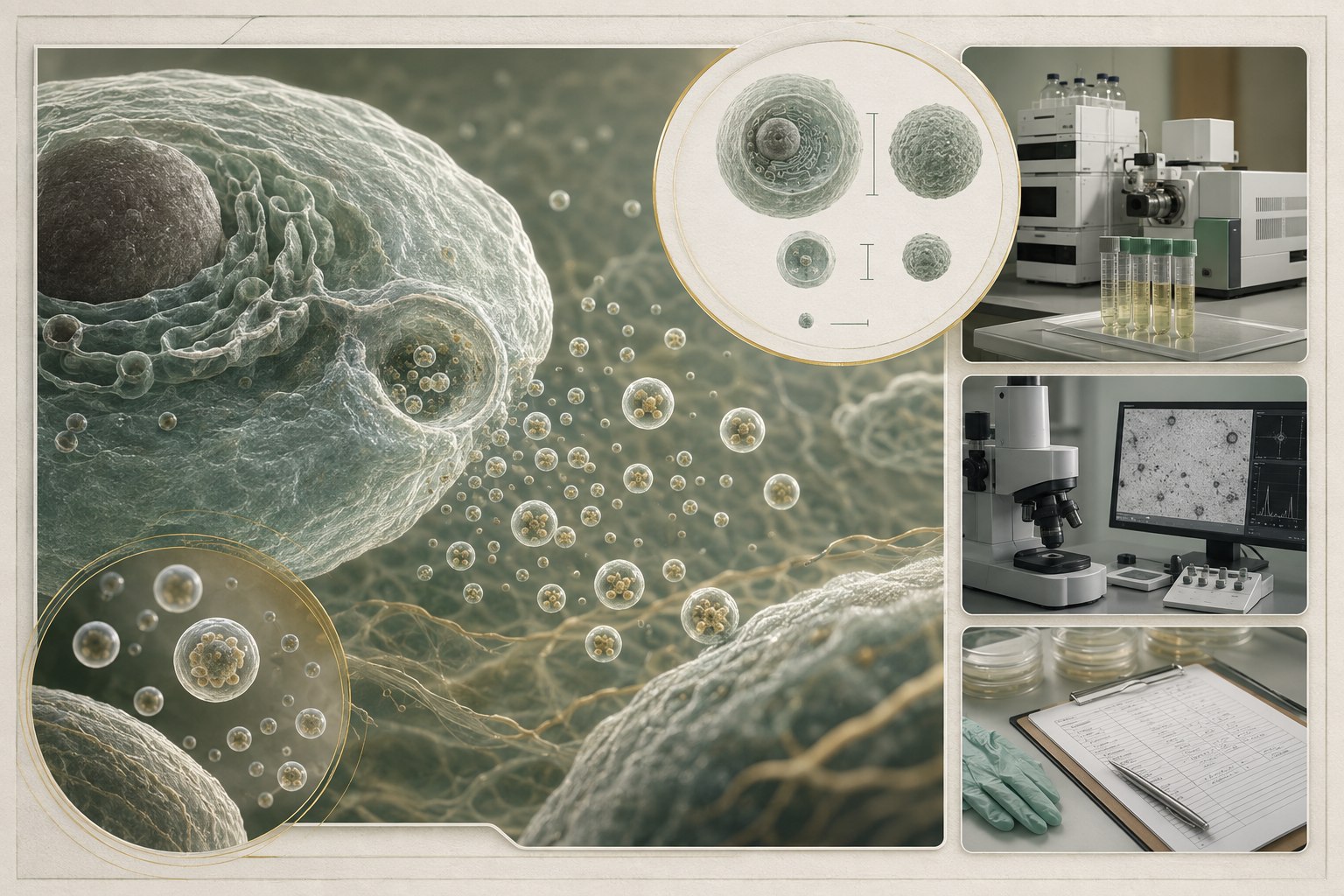 Scientific editorial illustration of extracellular vesicles carrying molecular cargo with laboratory characterization and documentation insets