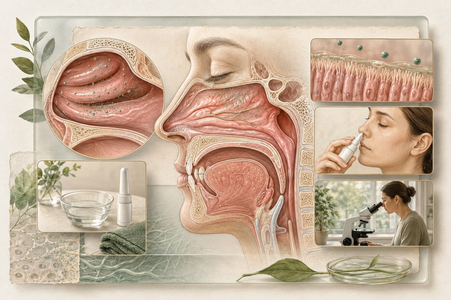 Layered intranasal delivery illustration showing nasal anatomy, the olfactory region, formulation droplets, mucosal barriers, and a research pathway