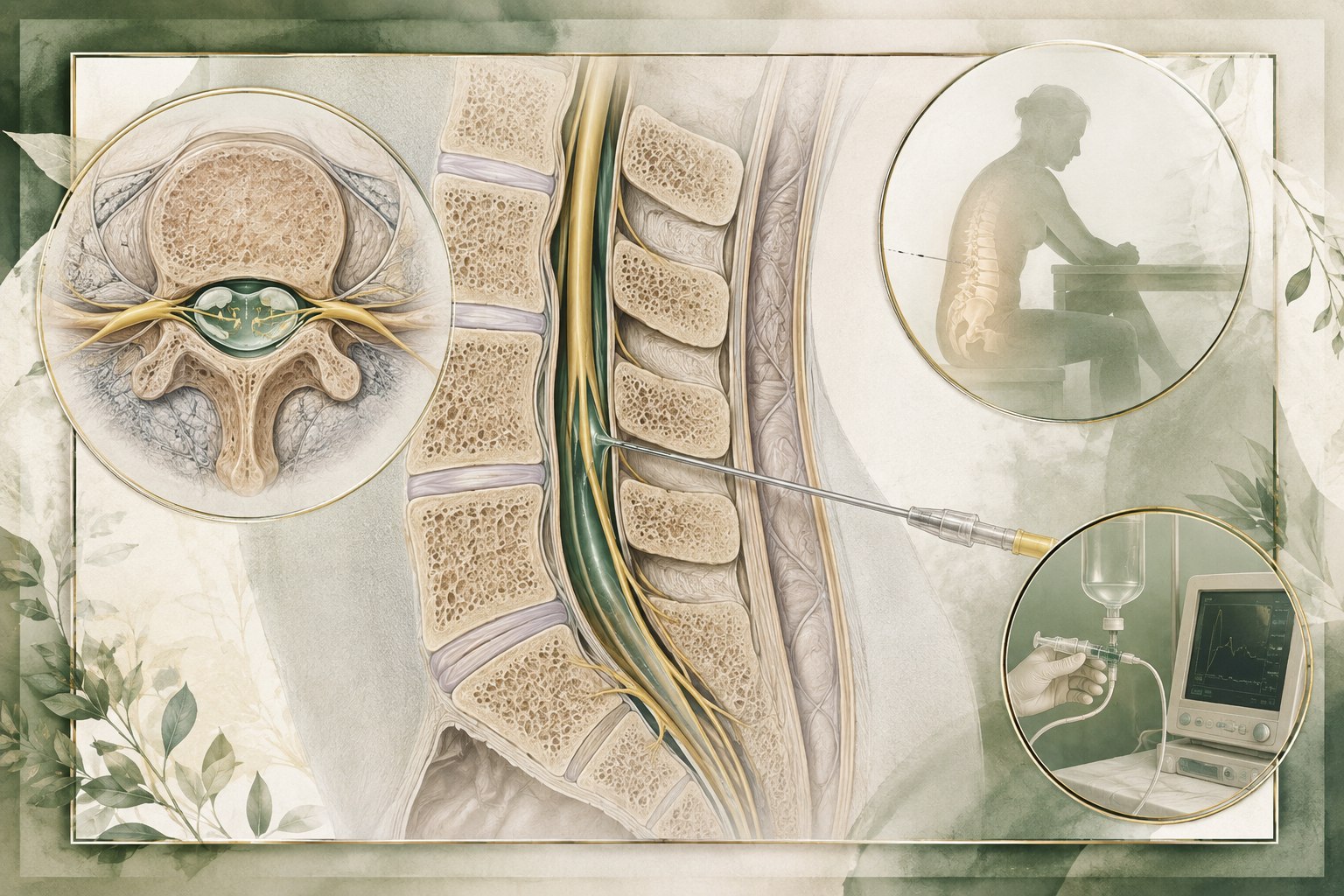 Anatomical illustration of lumbar intrathecal administration into cerebrospinal fluid with spinal structures, monitoring, and post-procedure care