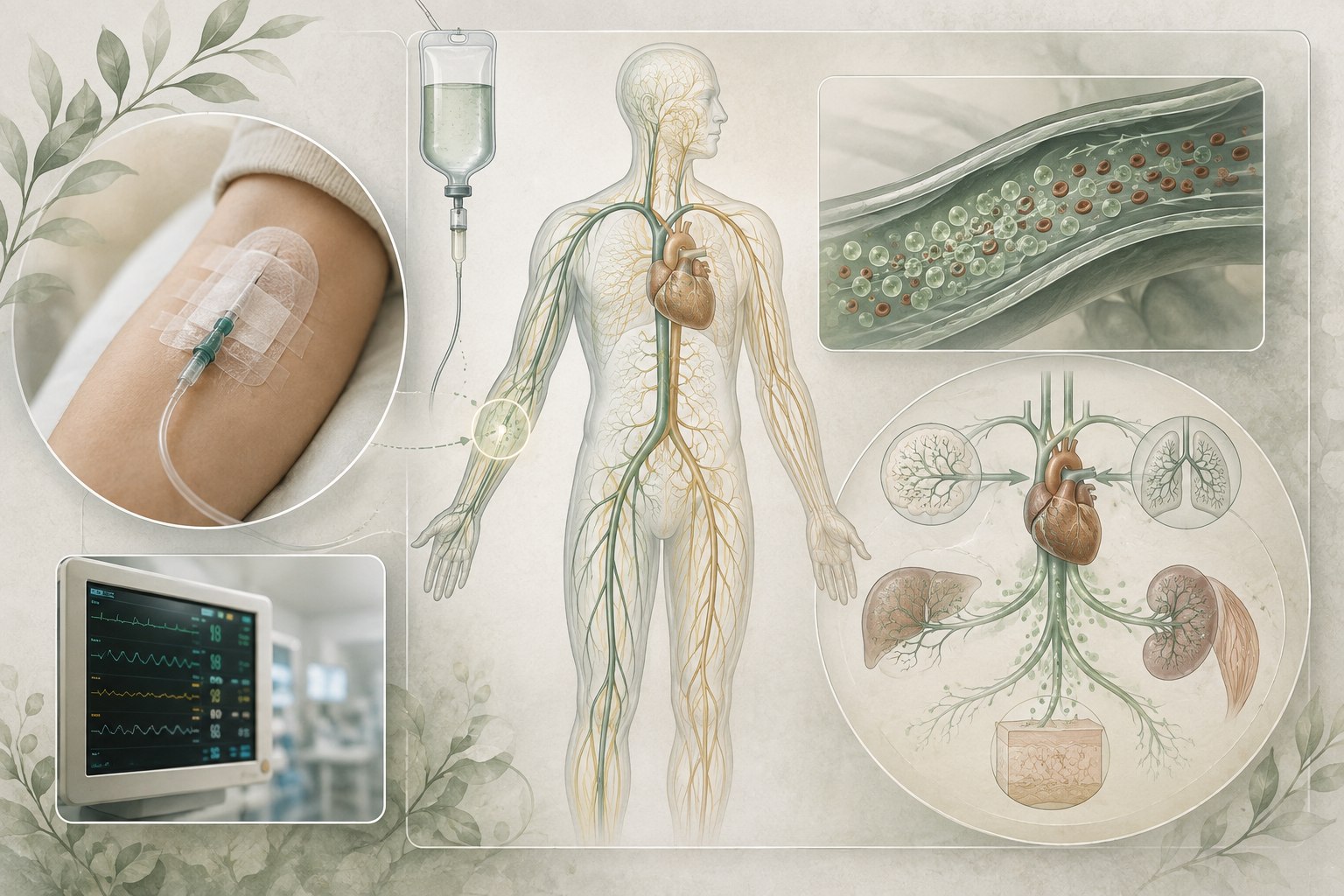 Editorial intravenous route illustration showing an arm infusion, circulation through the heart and lungs, systemic distribution, and bedside monitoring