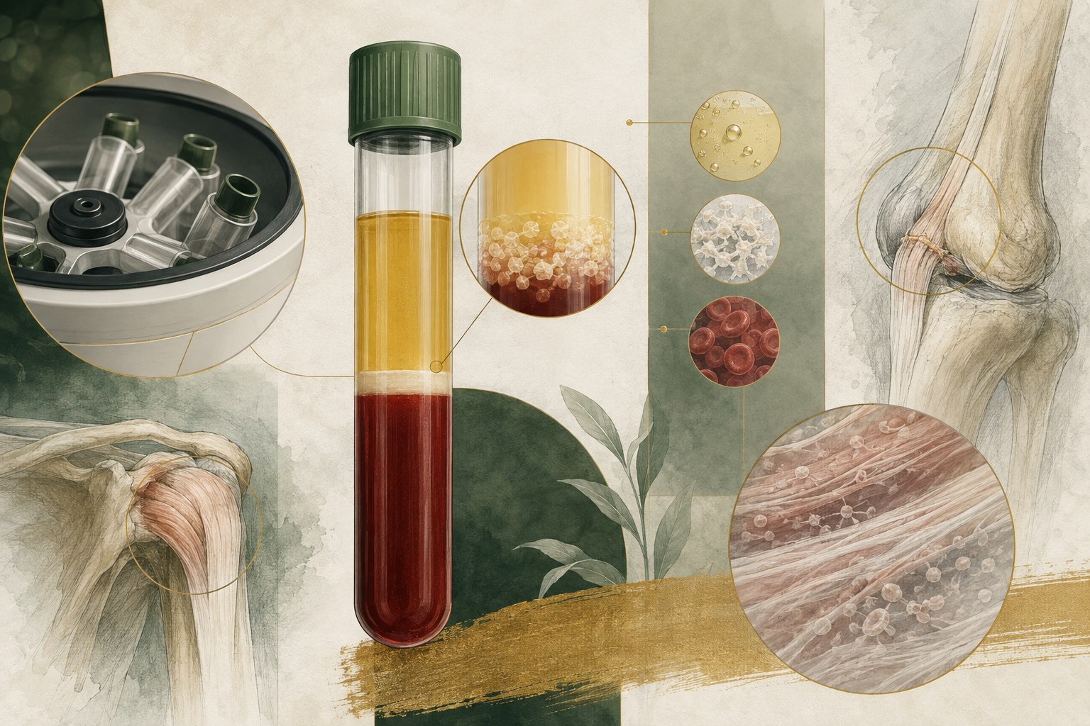 Editorial platelet-rich plasma workflow showing centrifugation, a layered blood tube, platelet concentration, and tissue context