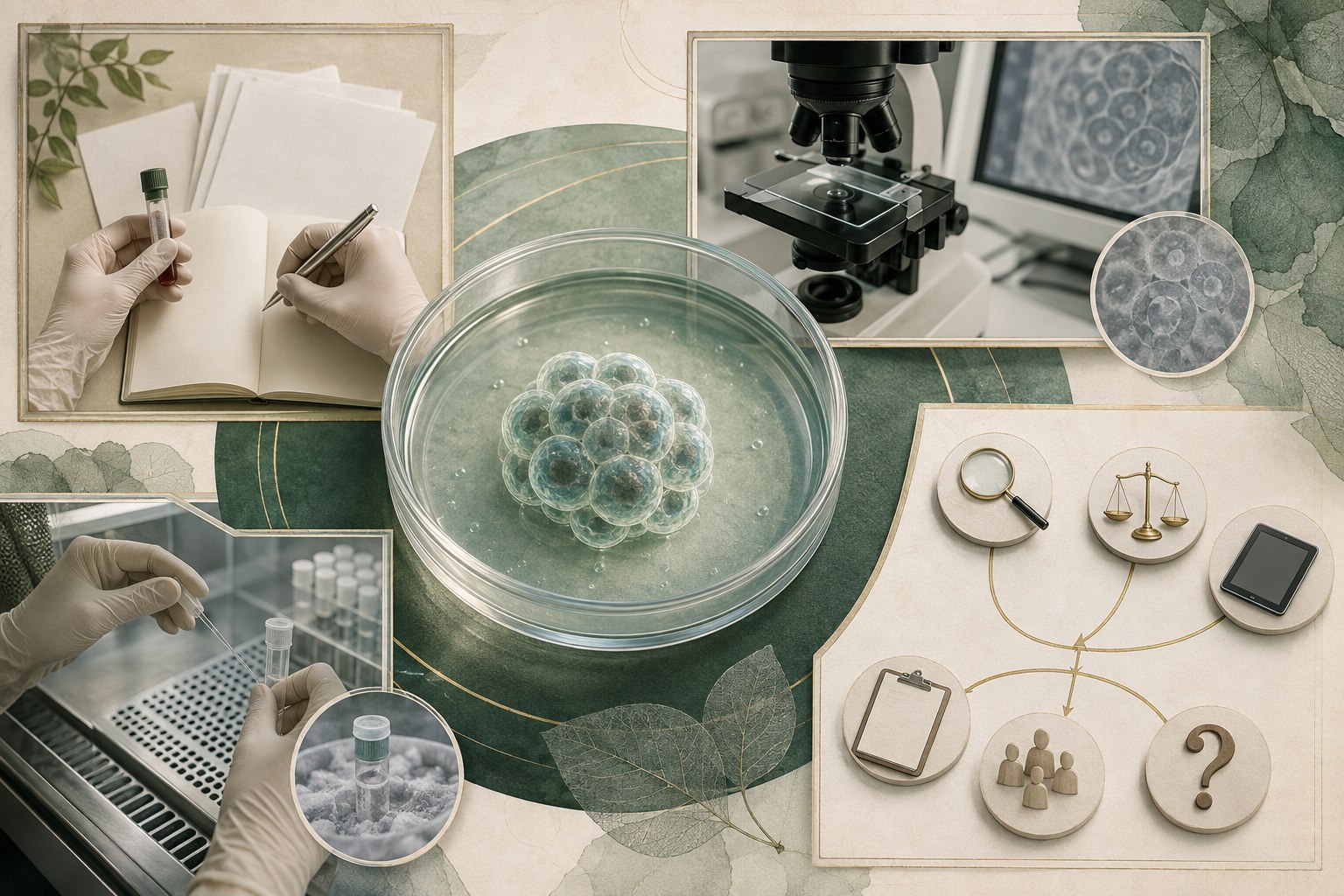 Editorial illustration connecting cell identity, tissue source, laboratory preparation, and treatment planning