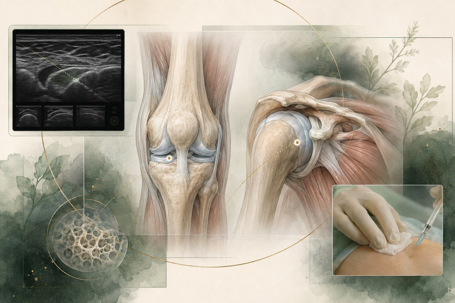 Editorial targeted-injection illustration showing knee and shoulder anatomy, ultrasound guidance, and a carefully planned needle path