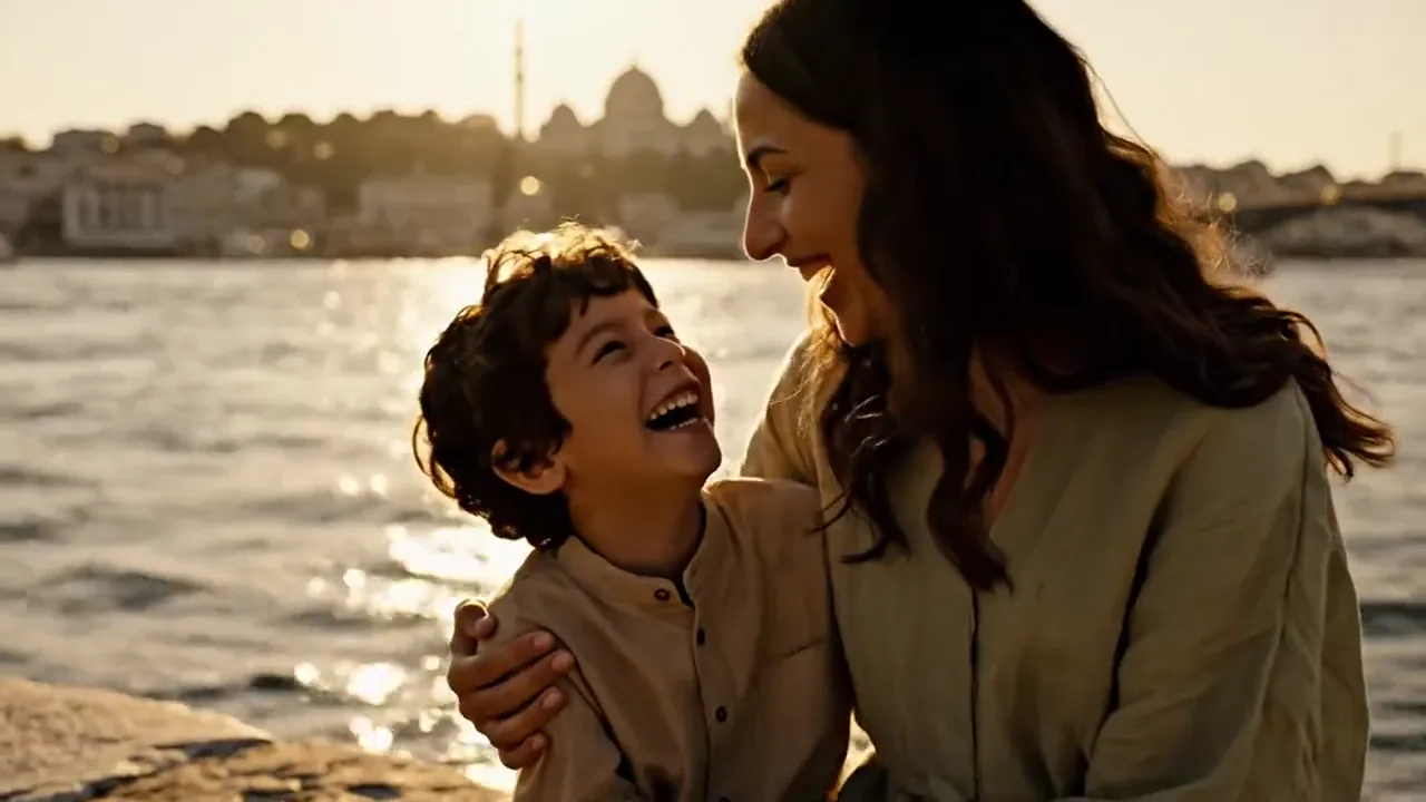 Illustrative film moving from a mother and her young son laughing together above the Bosphorus into a golden ribbon of light and on to a network of neurons linked by fine branching processes