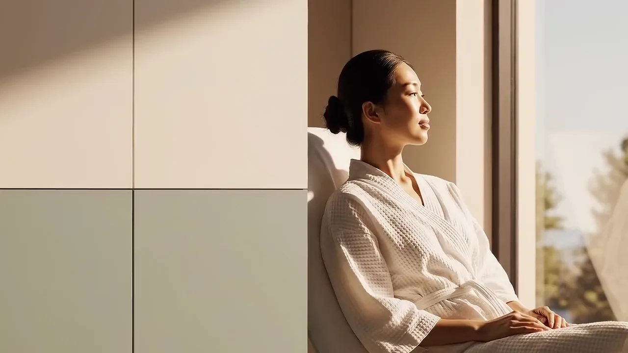 Illustrative film moving from a patient in warm daylight into a golden ribbon of light and on to an orderly array of intestinal mucosal villi with calm capillary flow