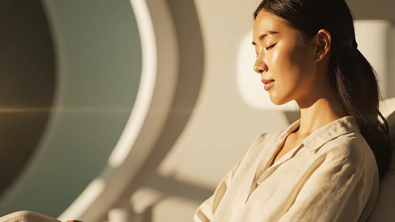 Illustrative film moving from a patient in warm daylight into a golden ribbon of light and on to a calm peripheral sensory nerve network with softly pulsing nodes