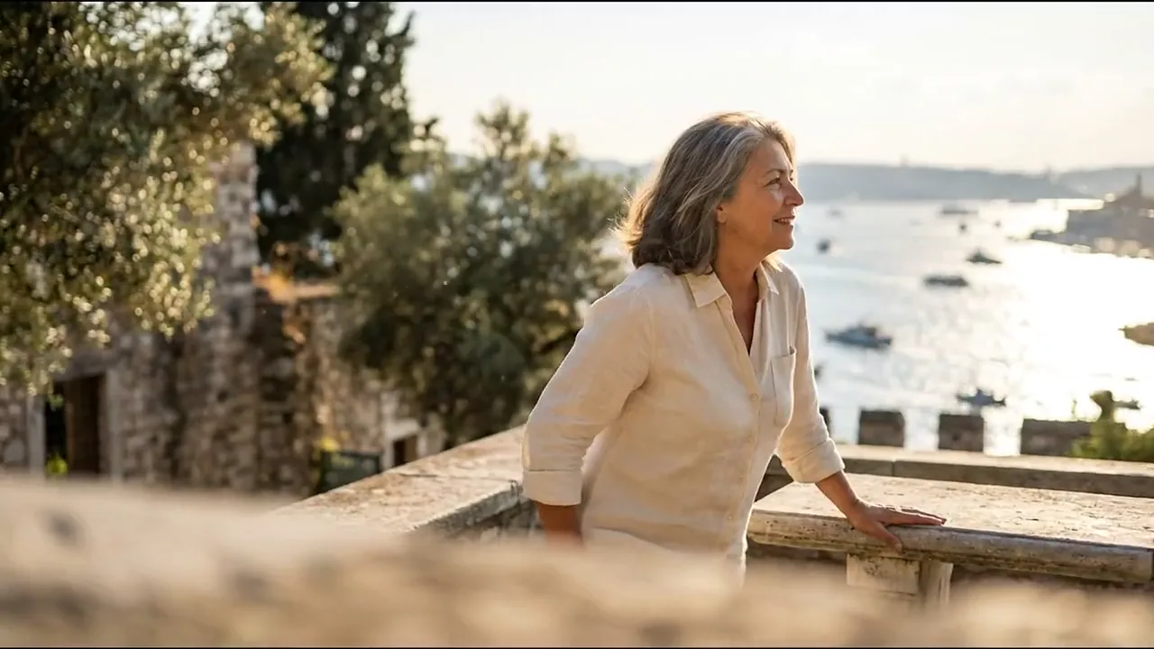 Illustrative film moving from a patient in warm daylight into a golden ribbon of light and on to immune cells drifting through a calm, even current