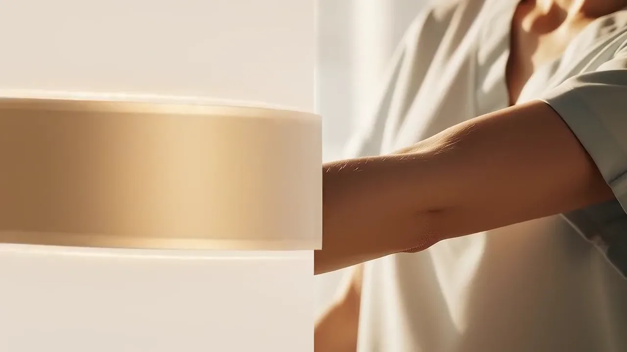 Illustrative film moving from a patient in warm daylight into a golden ribbon of light and on to parallel lateral epicondyle tendon collagen fibrils in smooth alignment
