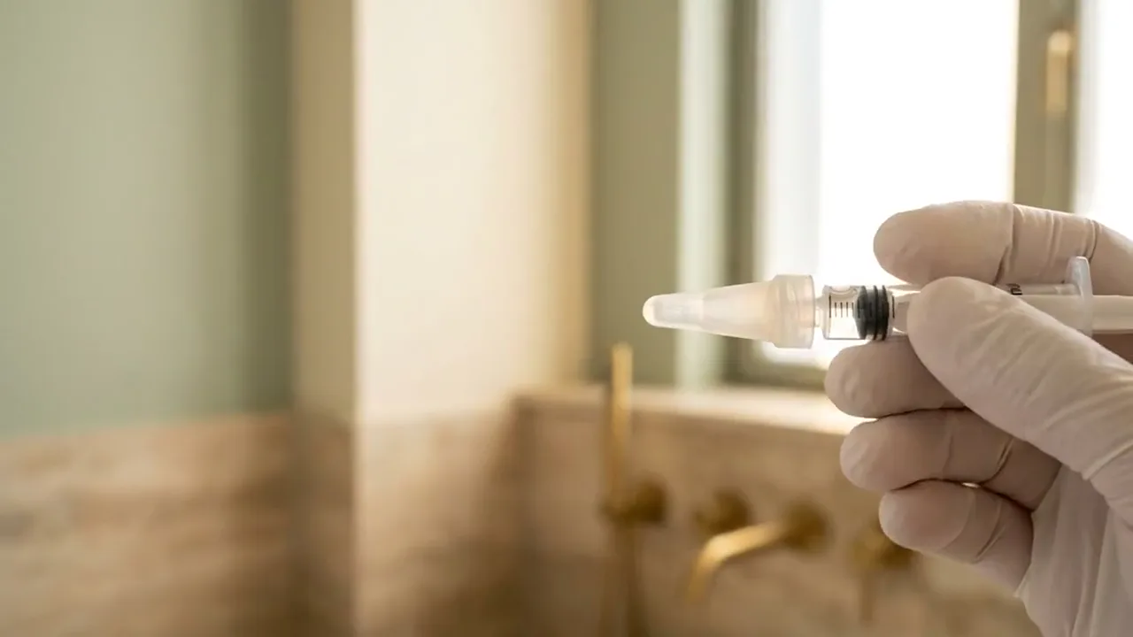 Near-still macro film of a soft blunt atomisation tip releasing a fine mist, held in a gloved hand