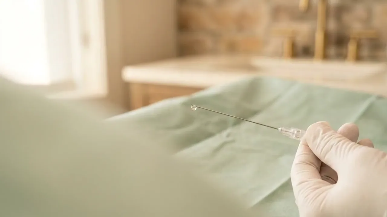 Near-still macro film of a fine spinal needle held by its hub above a sterile drape, a bead of clear fluid at the hub