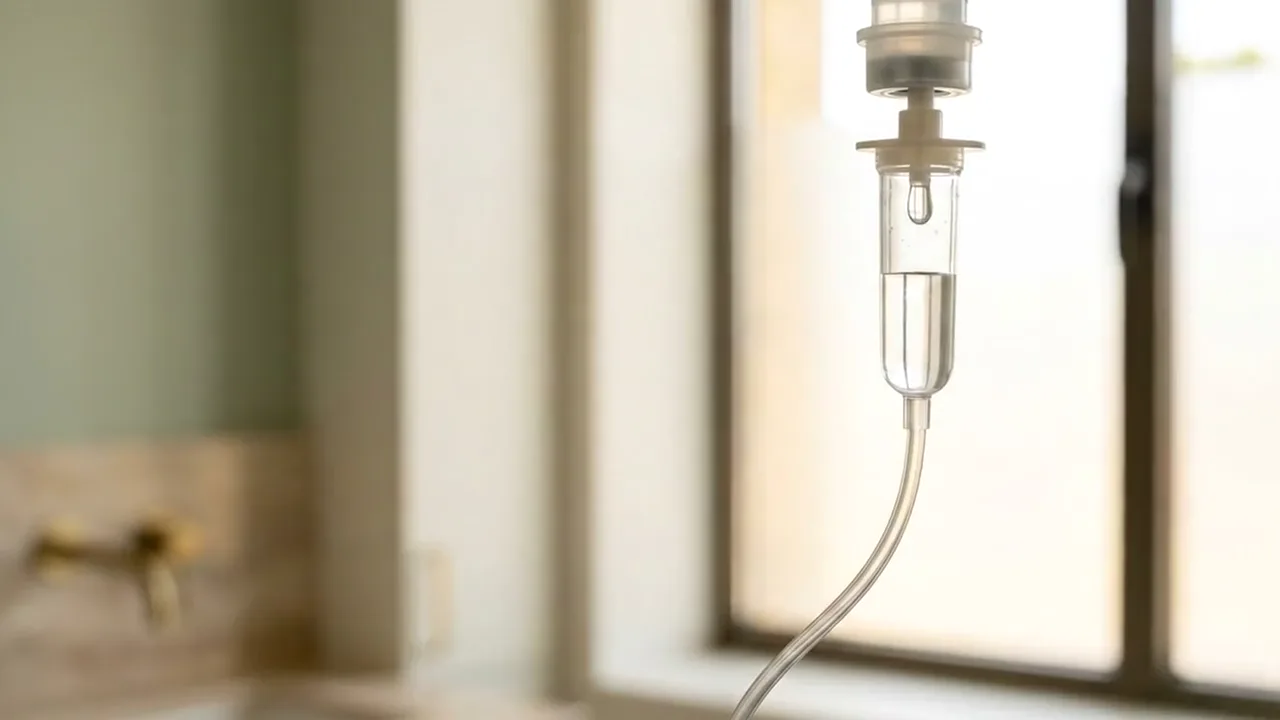 Near-still macro film of an intravenous drip chamber with a single clear drop forming and falling