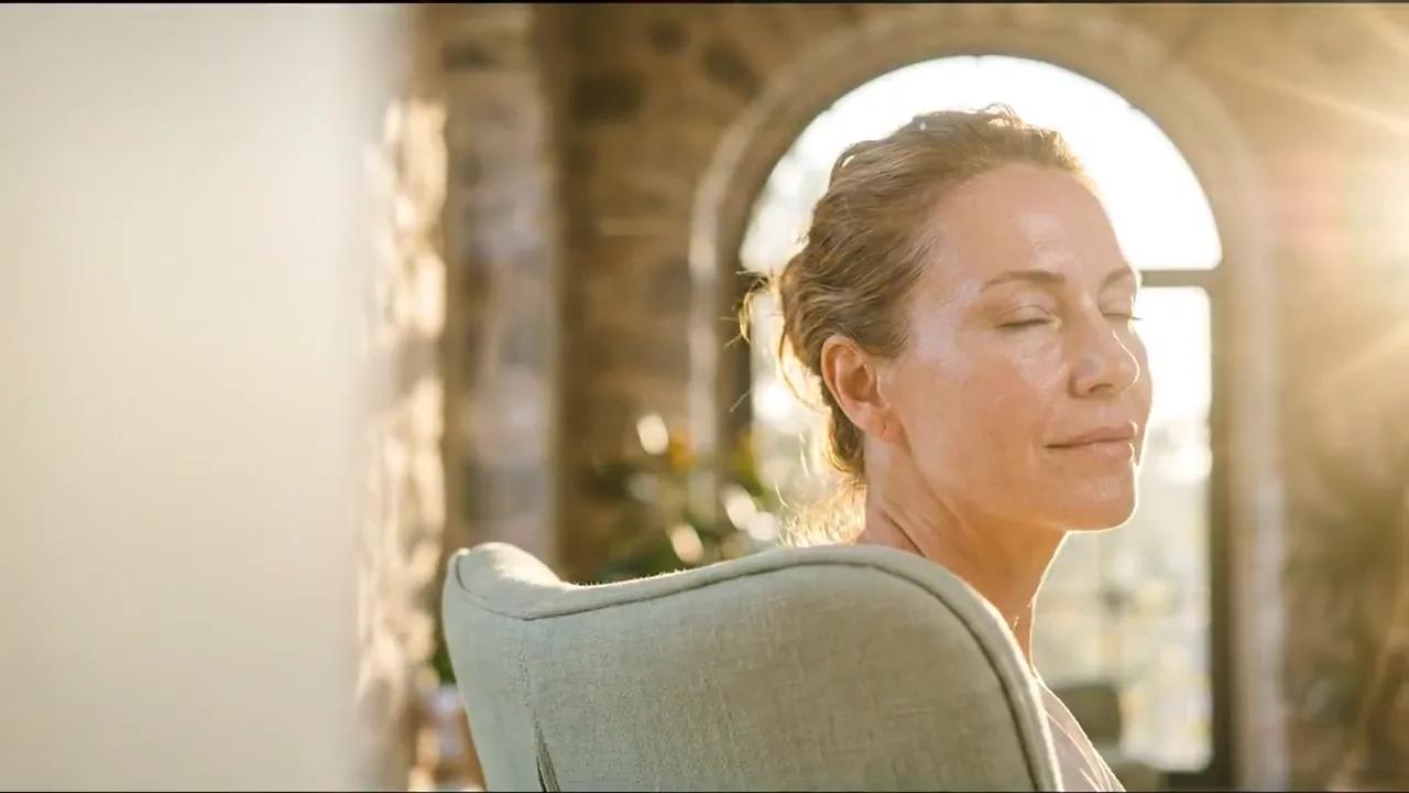 Illustrative film moving from a patient in warm daylight into a golden ribbon of light and on to a collagen weave within skin